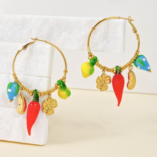 Boucles d'oreilles FRENCH RIVIERA Color Gold Créoles pendentif Fruits méditerranéen Multicolore Acier inoxydable doré Cristal