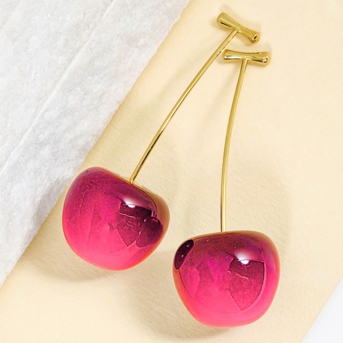Boucles d'oreilles AMARENA Red Gold Pendantes traversantes Cerise Doré et Rouge Acier inoxydable doré à l'or fin Résines