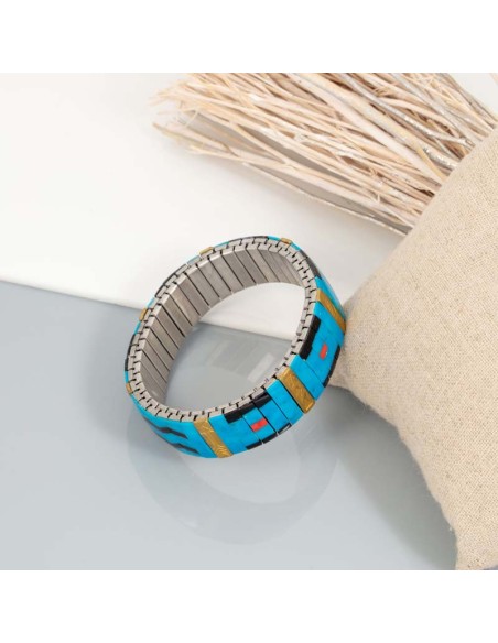 Bracelet ETOCHI Turquoise Silver Manchette souple élastique Ethnique Argenté et Turquoise Acier Turquoise reconstituée
