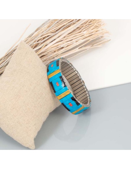 Bracelet ETOCHI Turquoise Silver Manchette souple élastique Ethnique Argenté et Turquoise Acier Turquoise reconstituée