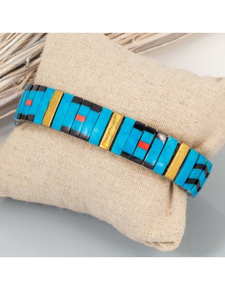 Bracelet ETOCHI Turquoise Silver Manchette souple élastique Ethnique Argenté et Turquoise Acier Turquoise reconstituée