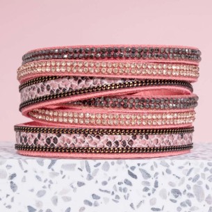 Bracelet BOA Pink Gold Double Tour Multirangs Imprimé serpent Doré et Rose Rhodium et Simili-Cuir Cristal