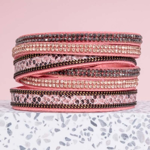 Bracelet BOA Pink Gold Double Tour Multirangs Imprimé serpent Doré et Rose Rhodium et Simili-Cuir Cristal