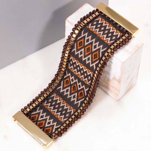 Bracelet MOYA Brown Gold Manchette souple Ethnique Marron Laiton doré à l'or fin Broderies à la main doublure suédine Perles
