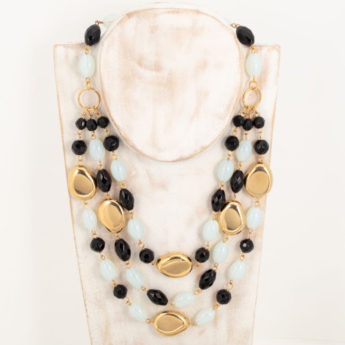 Collier LOMARO Black & White Gold Ras de cou multirangs à perles Bicolore Doré et Noir Blanc Laiton doré Cristal