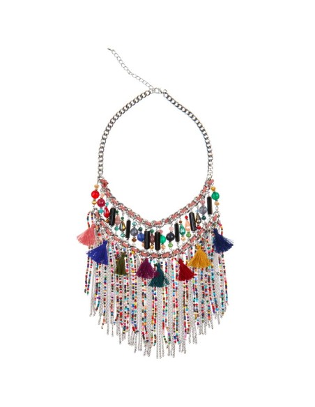 Collier EMBRAGO Color Silver Plastron à frange Ethnique amérindien Argenté et Multicolore Rhodium Perles et Pompons