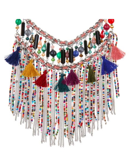 Collier EMBRAGO Color Silver Plastron à frange Ethnique amérindien Argenté et Multicolore Rhodium Perles et Pompons