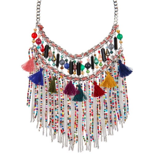 Collier EMBRAGO Color Silver Plastron à frange Ethnique amérindien Argenté et Multicolore Rhodium Perles et Pompons