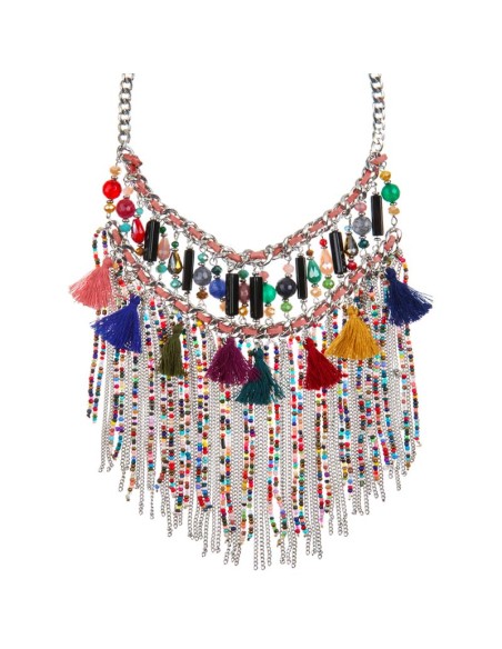 Collier EMBRAGO Color Silver Plastron à frange Ethnique amérindien Argenté et Multicolore Rhodium Perles et Pompons
