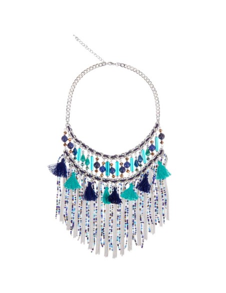 Collier EMBRAGO Blue Silver Plastron à frange Ethnique amérindien Argenté et Bleu Rhodium Perles et Pompons