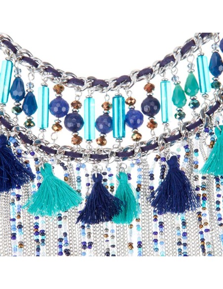 Collier EMBRAGO Blue Silver Plastron à frange Ethnique amérindien Argenté et Bleu Rhodium Perles et Pompons