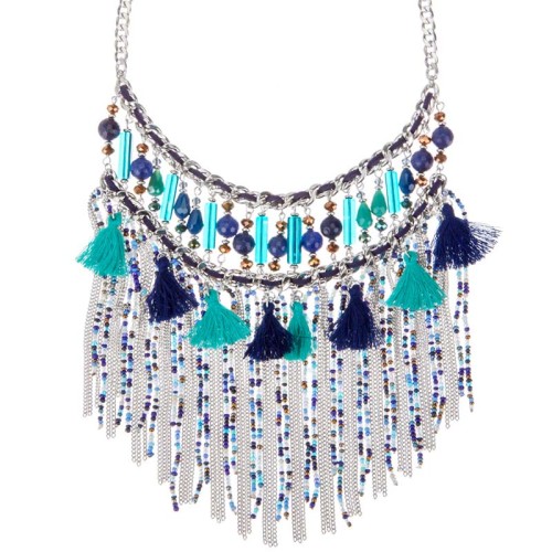 Collier EMBRAGO Blue Silver Plastron à frange Ethnique amérindien Argenté et Bleu Rhodium Perles et Pompons