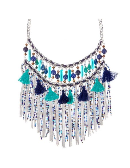 Collier EMBRAGO Blue Silver Plastron à frange Ethnique amérindien Argenté et Bleu Rhodium Perles et Pompons