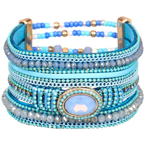 Bracelet ZARIOR Sky Blue Gold Manchette souple Multirangs Classique intemporel Bleu ciel Laiton doré Simili-Cuir Cristal