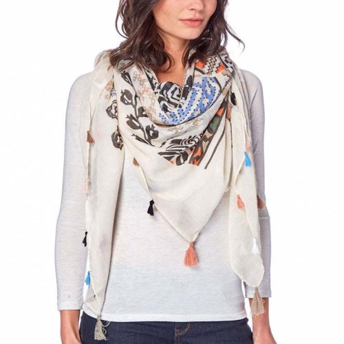 Foulard CAYAGOS Color Beige grand carré à breloques ethnique Multicolore et Beige Viscose Imprimé Décorations pompons