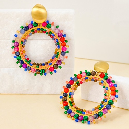 Boucles d'oreilles STONES RIVER VALLEY Color Gold Pendantes pavées Rivière cristal Multicolore Acier inoxydable doré Malachite