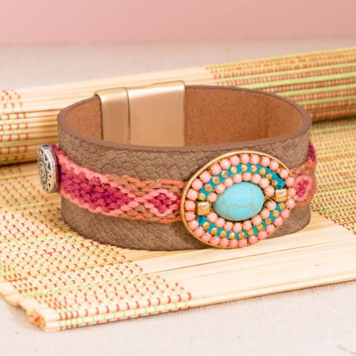 Bracelet BOLIVARANE Pink Gold Manchette souple Ethnique Rose Laiton doré à l'or fin Cuir Turquoise reconstituée Tissage perles