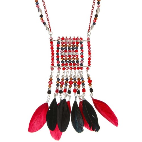 Collier YAKAR Red Silver Sautoir pendentif en Y Ethnique Argenté et Rouge Rhodium Cristal et Plumes