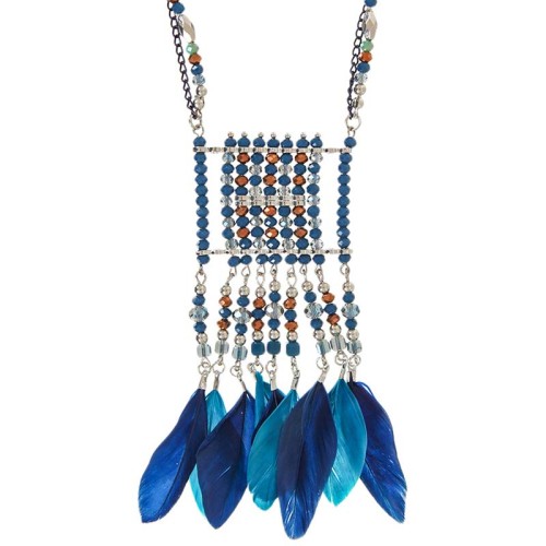 Collier YAKAR Blue Silver Sautoir pendentif en Y Ethnique Argenté et Bleu Rhodium Cristal et Plumes