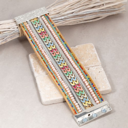 Bracelet FELICE Color Silver Manchette souple Estival Argenté et Multicolore Rhodium et Simili-Cuir Cristal et émaux