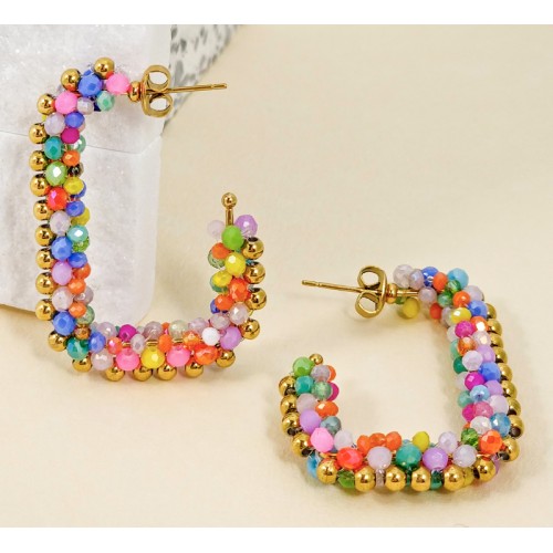 Boucles d'oreilles ITALIAN VALLEY Color Gold Créoles pavées Rivière de cristal Multicolore Acier inoxydable doré Cristaux brodés