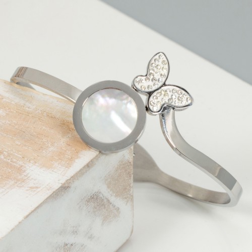 Bracelet FLY OVER White Silver Jonc rigide Papillon Argenté et Blanc Acier inoxydable Cristal et Nacre