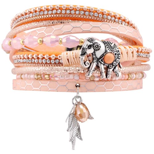 Bracelet ARYANAL Coral Pink Silver Double tour Multirangs Eléphant Argenté Corail Rhodium Simili-Cuir Cristal Howlite