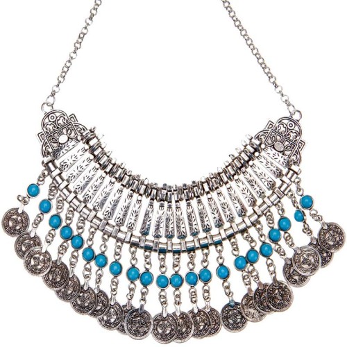 Collier FANORA Turquoise Silver Plastron à pendentif Pièces de monnaie Argenté et Turquoise Laiton argenté Résines