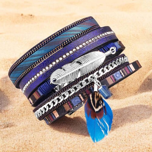 Bracelet CUROSPE Night Blue Silver Manchette souple Multirangs Ethnique Argenté Bleu Nuit Rhodium Simili-Cuir Cristal et Plumes