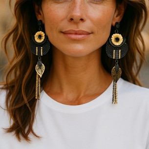 Boucles d'oreilles FLOR DE EGYPTA Black Gold Pendantes longues Floral filigrane Noir Doré à l'or fin Cristal 2