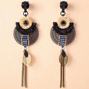 Boucles d'oreilles FLOR DE EGYPTA Black Gold Pendantes longues Floral filigrane Noir Doré à l'or fin Cristal