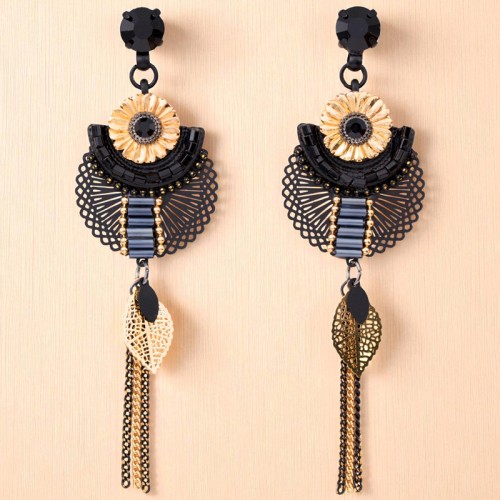 Boucles d'oreilles FLOR DE EGYPTA Black Gold Pendantes longues Floral filigrane Noir Doré à l'or fin Cristal