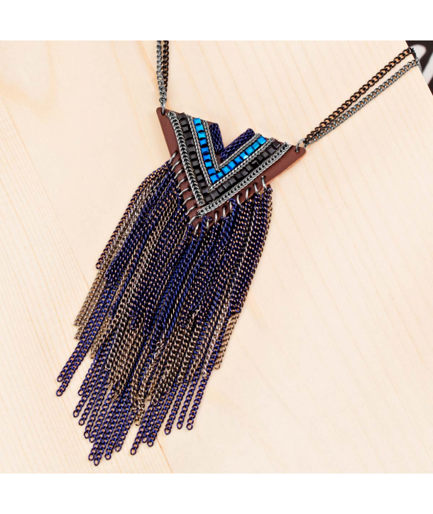 COLLIER - PATAGONA NIGHT BLUE - sautoir ethnique bleu nuit cristal cuir et perles