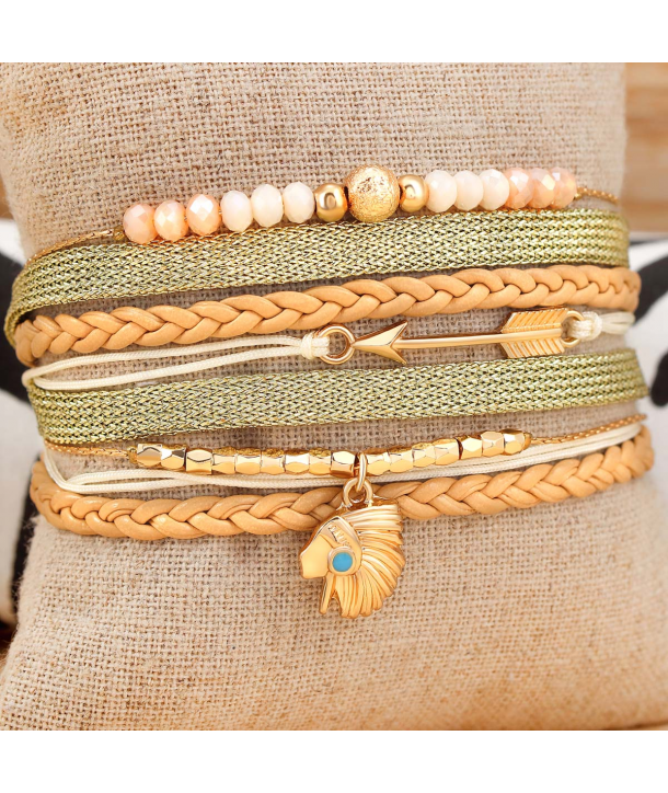 BRACELET - CHEROKEE BEIGE GOLD double tour noir motif plume avec fermoir aimanté et pierres turquoise