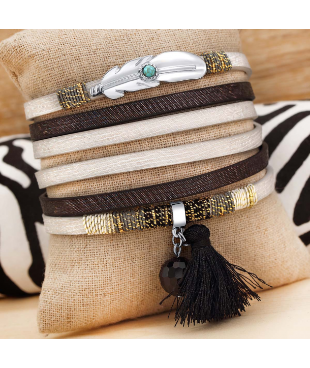 BRACELET - LOCASIESTAS BLACK & WHITE SILVER - double tour noir et blanc plume avec turquoise et fermoir aimanté