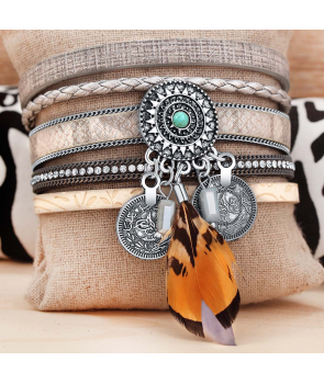 BRACELET - AZTEK GREY SILVER - manchette gris et argent plume turquoise et fermoir aimanté