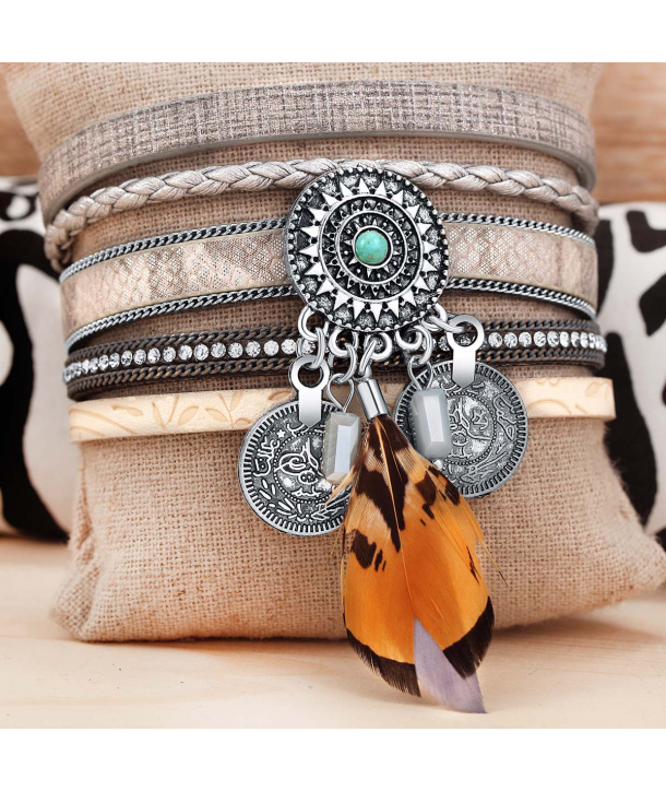 BRACELET - AZTEK GREY SILVER - manchette gris et argent plume turquoise et fermoir aimanté
