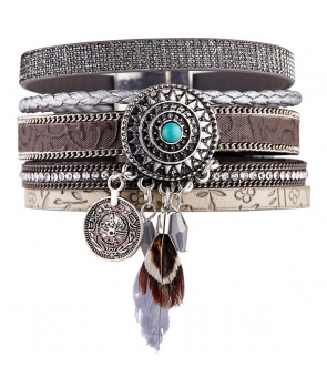 BRACELET - AZTEK GREY SILVER - manchette gris et argent plume turquoise et fermoir aimanté 2