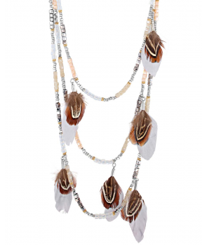 COLLIER - ROMANTIKERO SILVER GREY - sautoir ethnique multirangs gris argent plumes cristal 2