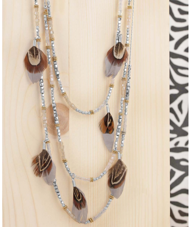 COLLIER - ROMANTIKERO SILVER GREY - sautoir ethnique multirangs gris argent plumes cristal