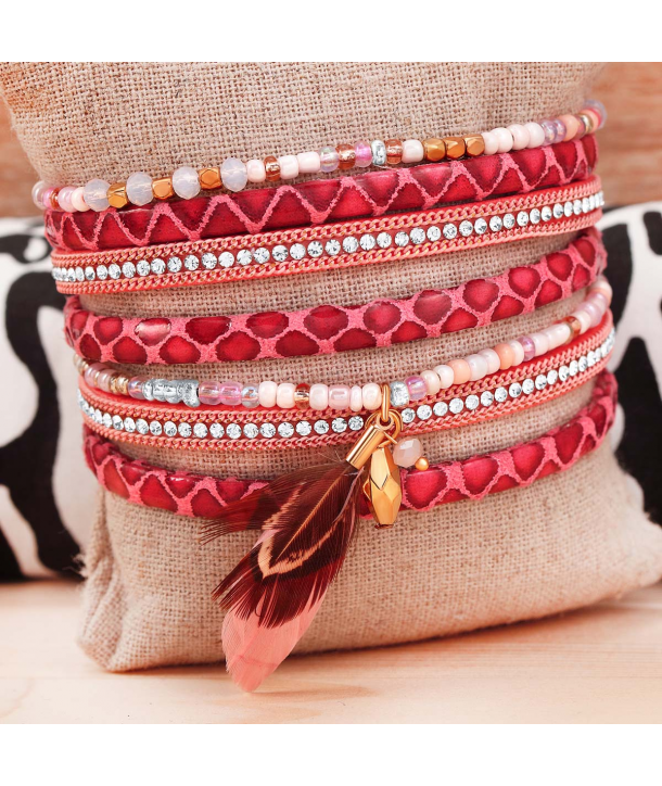 BRACELET - EREA CORAL DORADA - manchette rose corail et dorée plume et fermoir aimanté