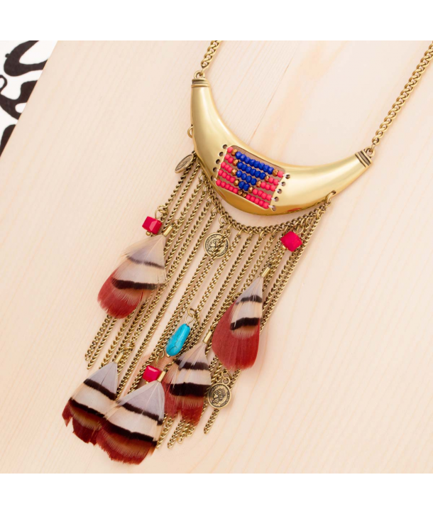 COLLIER - ISTO COLOR DORADA - plastron ethnique doré coloré plumes cristal