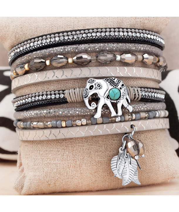 BRACELET - ARYANAL GREY TURQUOISE SILVER - double tour gris et argent éléphant et fermoir aimanté
