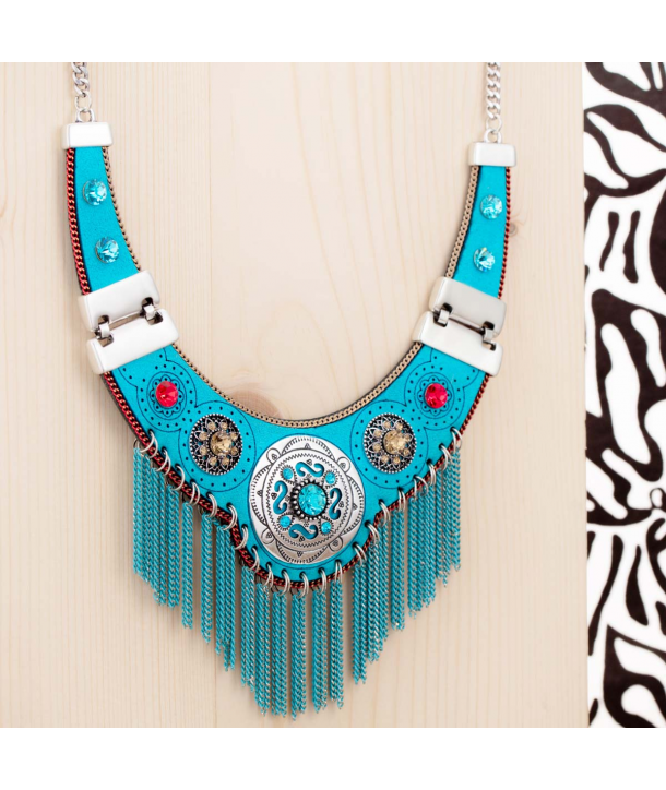 COLLIER - VALDERA BLUE SILVER - plastron ethnique argent et turquoise nubuck cristal franges