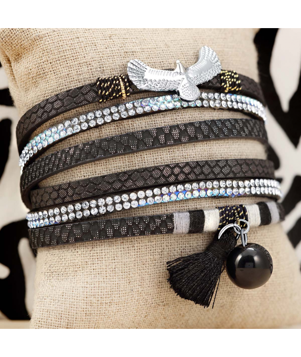 BRACELET - REIGN NOIR SILVER - double tour argent et noir pompon et fermoir aimanté
