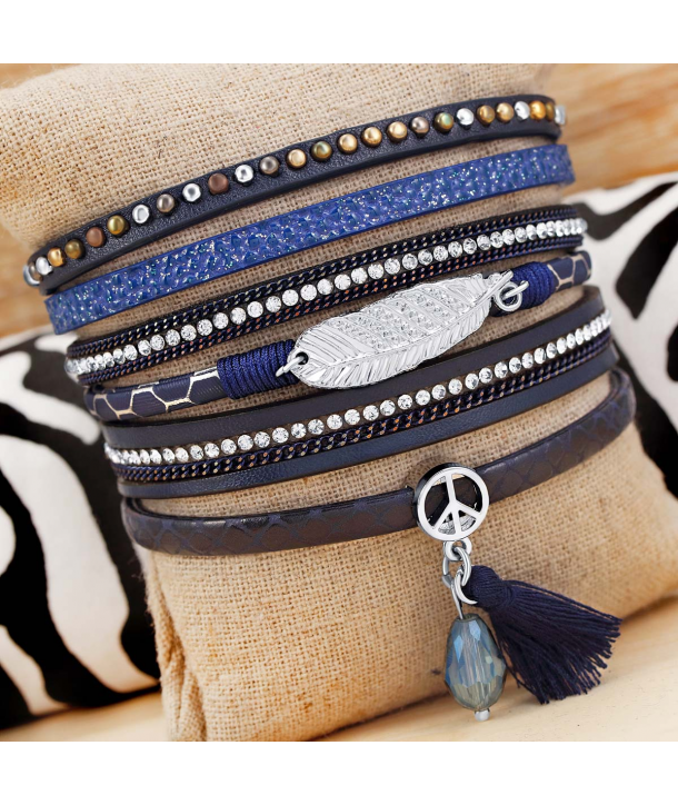 BRACELET - APOZIA BLUE SILVER - manchette argent et bleu plume argent pompons et fermoir aimanté