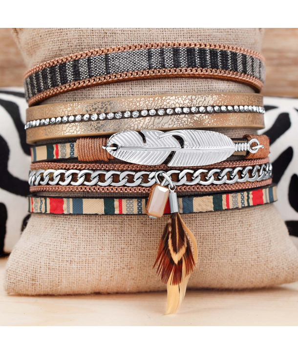 BRACELET - CUROSPE IRISADO SILVER - manchette beige plume argent plume cristaux et fermoir aimanté