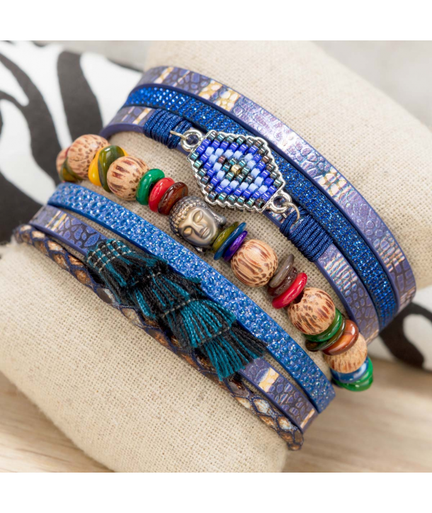 BRACELET - SERENITY BLUE SILVER - manchette bleu et argent bois perles et tissages ethniques et fermoir aimanté