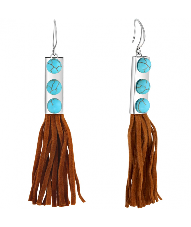 BOUCLES D'OREILLES -POKAKONTAS BLUE CAMEL - pendantes argent et turquoise franges camel