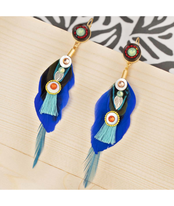 BOUCLES D'OREILLES - PAVO REAL DORADA - pendantes multicolores avec cristaux plumes et pompons